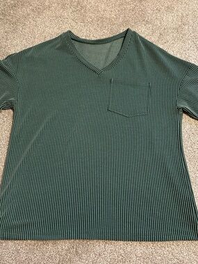 Green and White Striped V-Neck Top
